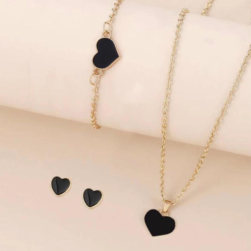 5 Piece Set Women Black Heart Zircon High End Fashion Creativity Suitable Gift Giving Necklaces Bracelets Rings Earrings Set