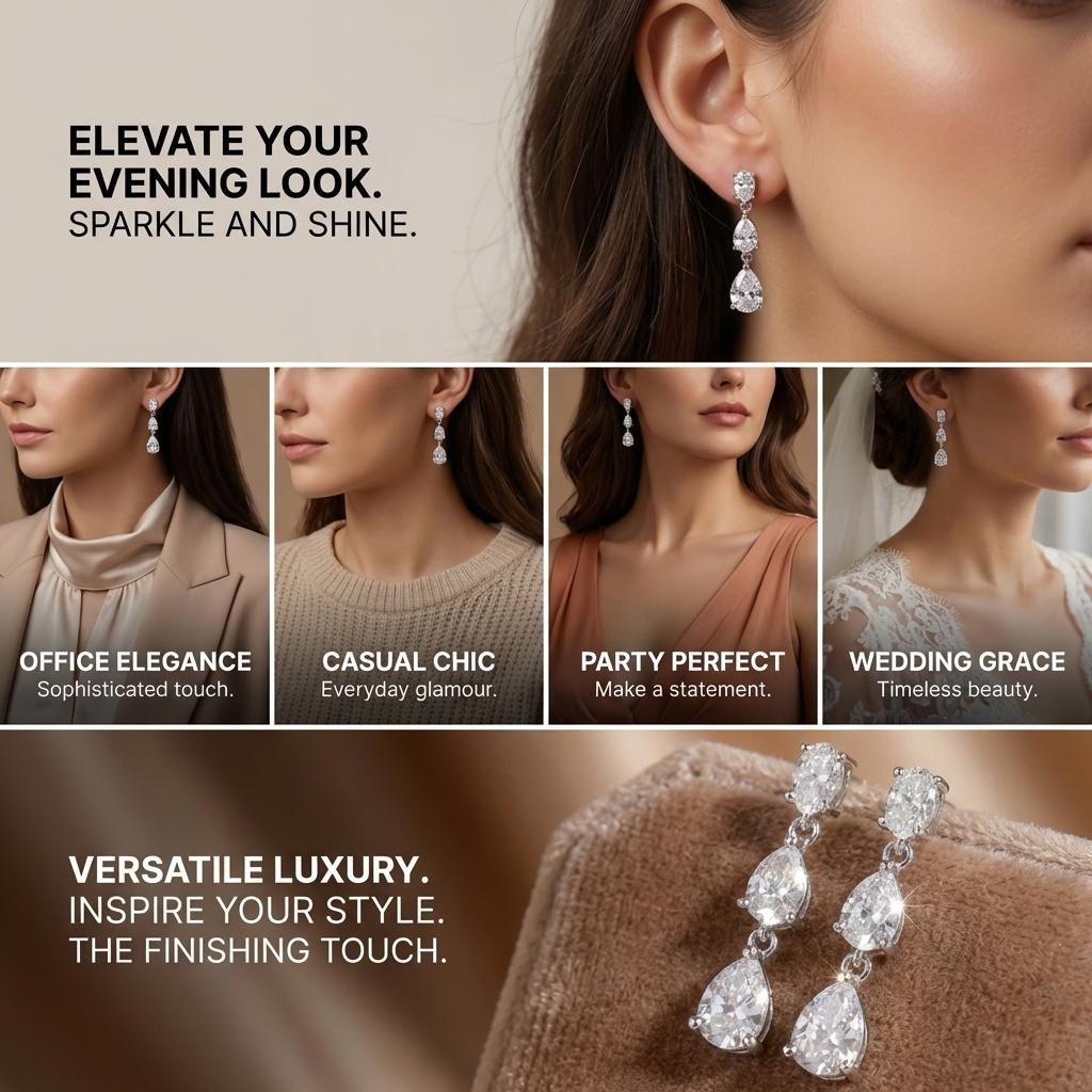 Exquisite Crystal Waterdrop Cubic Zirconia Earrings for Women Silver Color Inlaid Zircon Dangle Earrings Party Versatile Jewelry