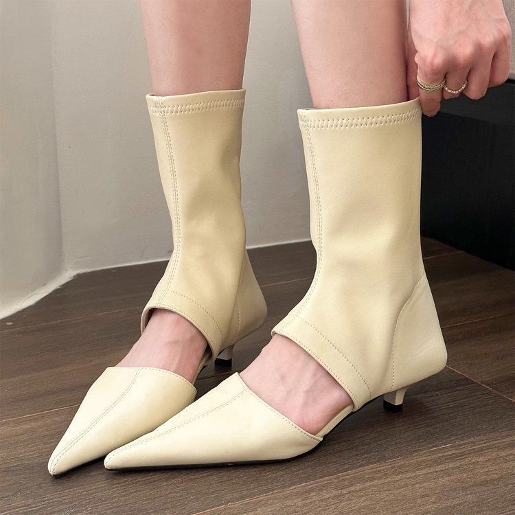 2025 spring new pointed hollow low heel versatile non-slip boots women's summer new elastic thin women's short boots