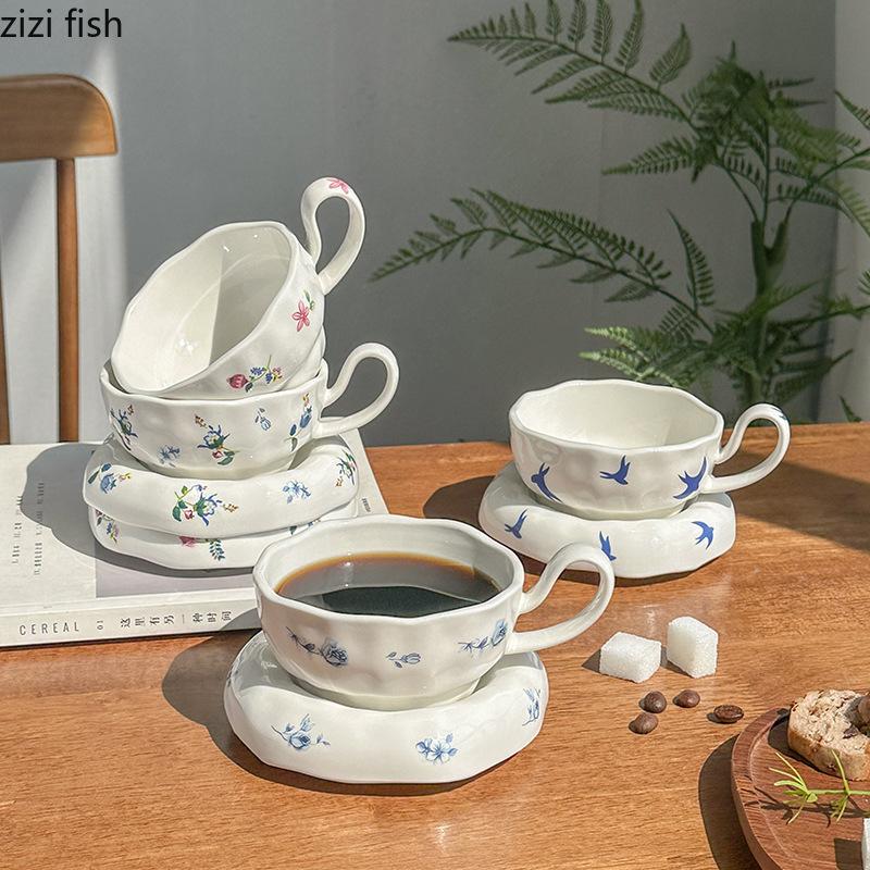 High Footed Flower Coffee Cups and Plates Ceramic Water Cup Afternoon Tea Cup Oat Breakfast Cups Milk Mug Flower Tea Mug