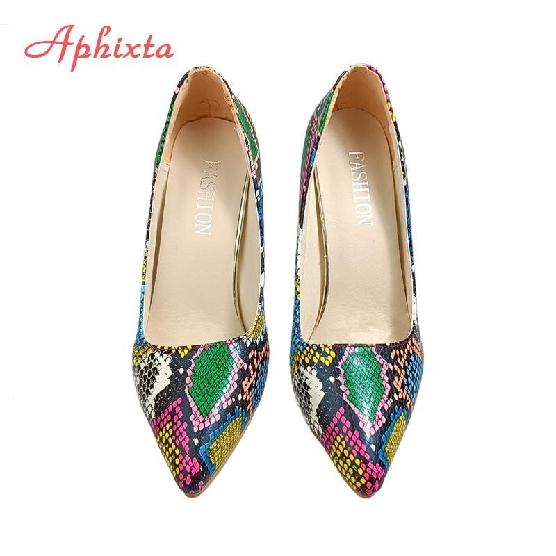 Fashion Aphixta New Pointed Toe 3.94 Inch Thin Heels Women Shoes Snake Prints Leather Wedding Party Woman Super Big Size 49 50