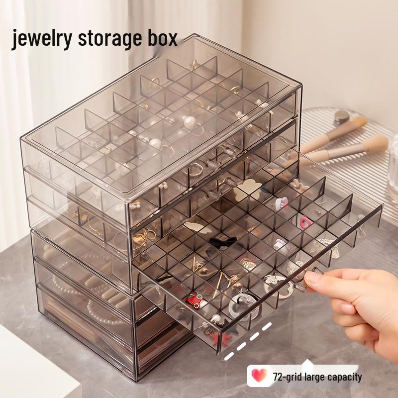 Transparent Acrylic Jewelry Storage Box with 72 Compartments for Bracelets, Earrings, Necklaces, and Studs; Anti-Oxidation New Drawer Design.