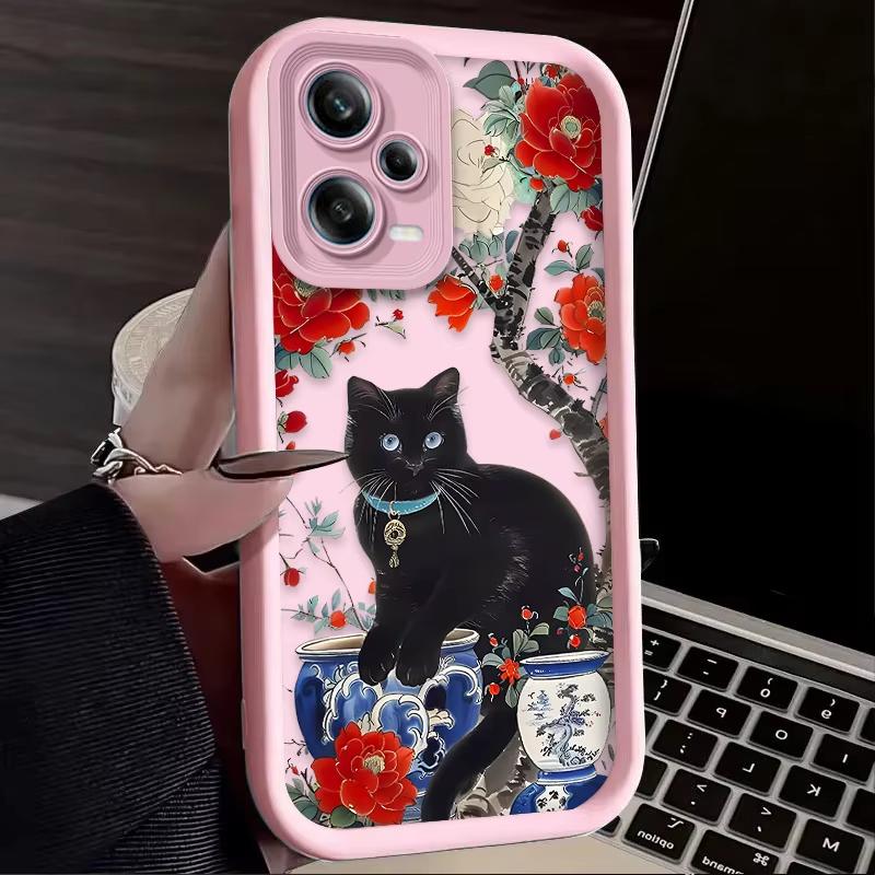 Black Cat Flower Artistic Phone Case For Redmi Note 13 12 Pro Plus 5G 13 12 Pro 4G 5G 11 10 Pro 12S 5G 11S 10S Redmi 13C 12 5G