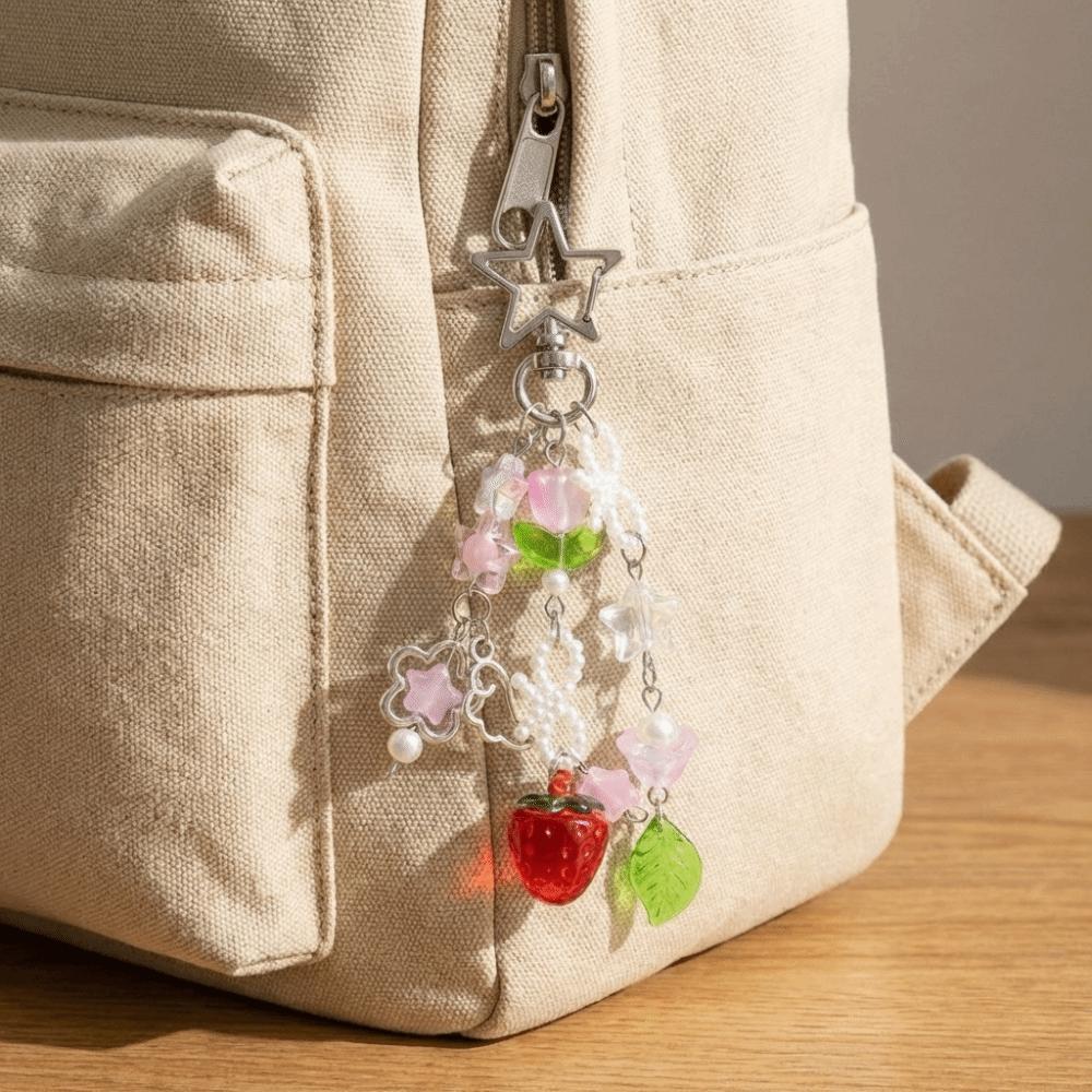 Strawberry Design Beaded Phone Chain Cute Flower Key Pendant Accessories Bag Charm Fairytale Theme