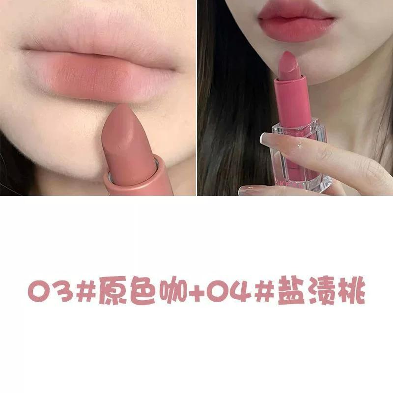 Life Is All about Nude Colors+1!! Low-Saturation Milk Tea Nude Lipstick Matte Finish Apricot Pink Gray Brown Lip Gloss for Students