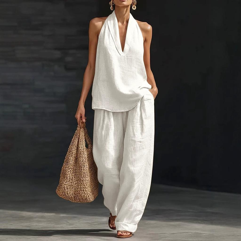 Spot European and American Cross-border Amazon Large-size Women's Set Hanging Neck V-neck Cotton and Linen Blended Commuter and Leisure Two-piece Set