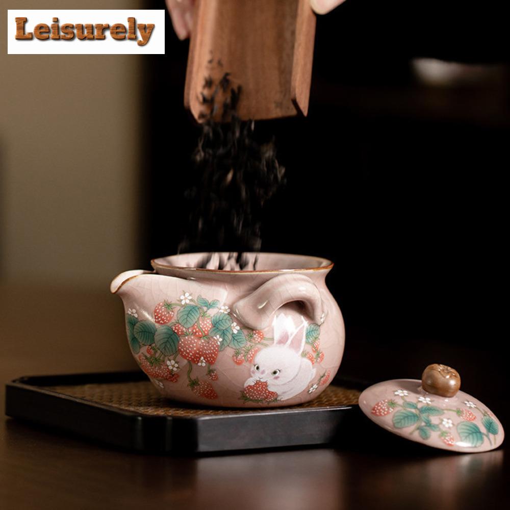 Strawberry Rabbit Ru Kiln Porcelain Tea Set Kit Handmade 1 Pot 2 Cups Tea Making Portable Travel Tea Set Organizer Tableware
