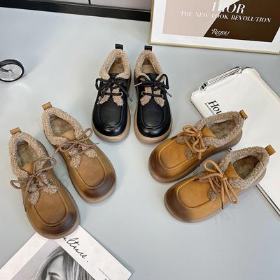 Autumn and Winter New Lamb Wool Velvet Warm Cotton Shoes Fashion Korean Version Round Head Platform Loafers Lace Up Spot Cotton Shoes