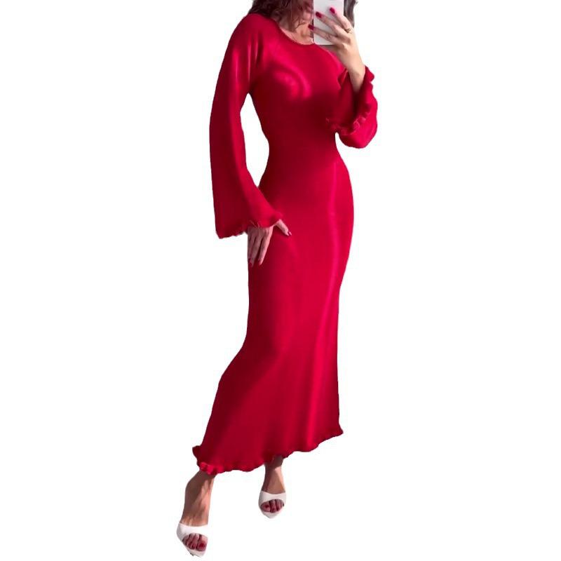 Herbst 2024 Sexy rückenfreies hochtailliertes Langarmkleid mit Rundhalsausschnitt – Damenmode