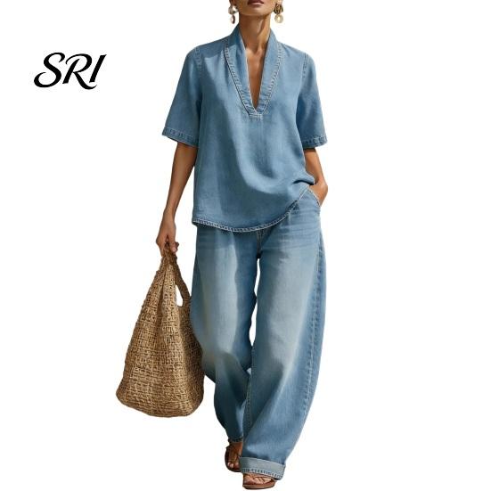 Loose Fit Summer Clothes Women's 2 Piece Denim Set Short Sleeve Lapel V Neck Pants And Top Wide Leg Tracksuit Casual Vacation Outfits with Pockets