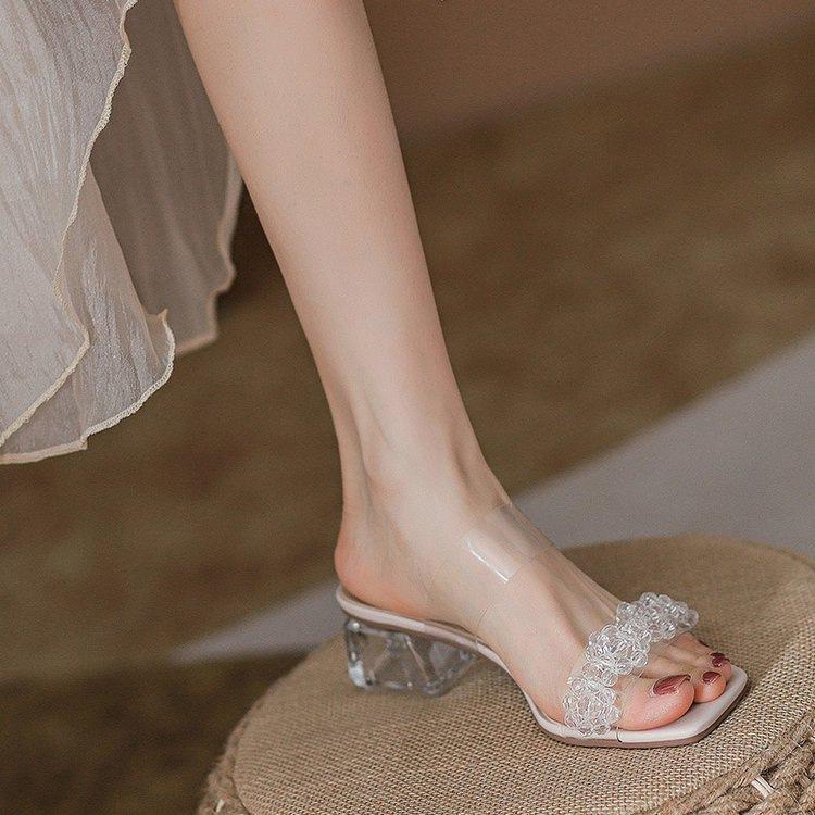 

Crystal transparent sandals thick heel new outer wear fairy high heels summer middle heel with slippers 35 абрикосовый