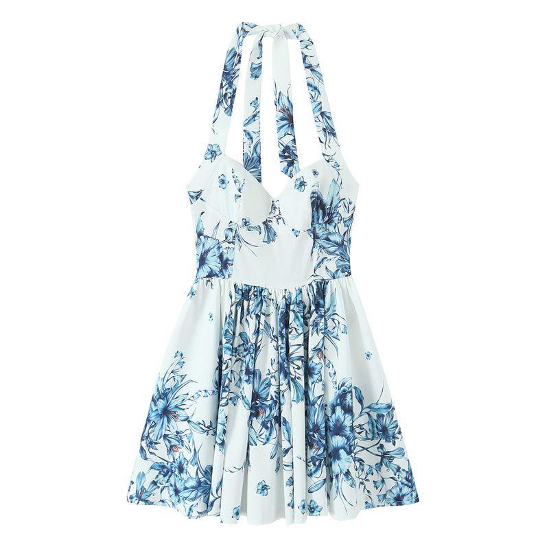 

Kaslead New Arrival Women s Clothing Fashion Style Fashion Minimalist Flower Print Hanging Collar Dress 0085131 Blue L