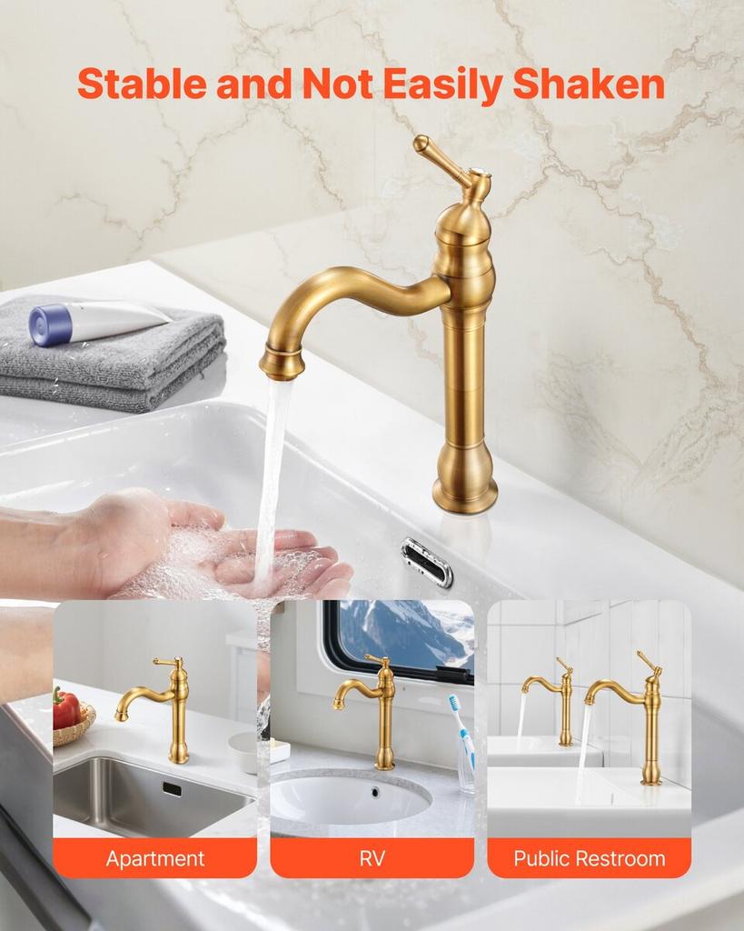 Single Handle Sink Faucet, Solid Brass Single Handle Kitchen Faucet, 1 or 3 Hole Kitchen Faucets with Push-Button Drain, Suitable for Bathroom, RV,
