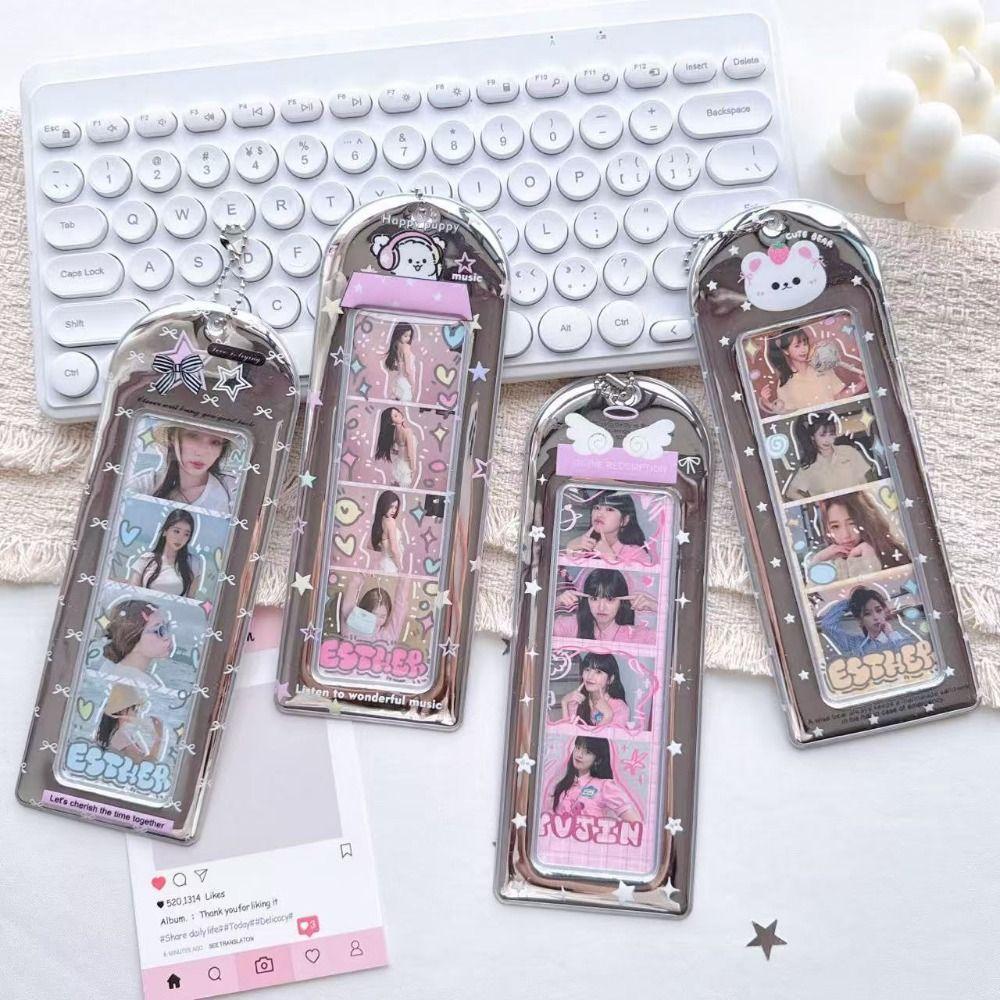 Y2K PVC Photo Card Holder Silver with Keychain Four-grid Life Photo Protector Card Sleeve Kpop Idol Strip Photo