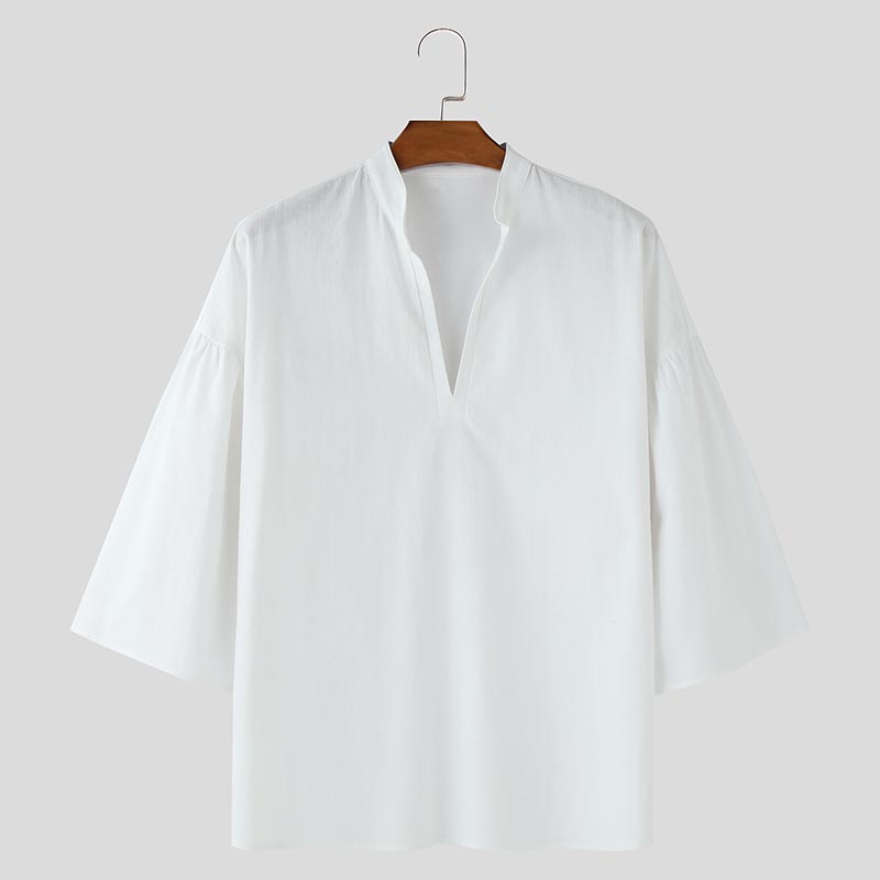 INCERUN Vintage Oversized Men Stand V Neck 3/4 Sleeve Casual Loose T-shirts