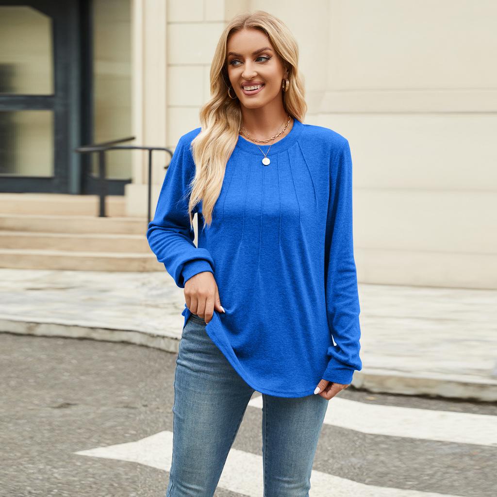 Women's Fall Casual Long Sleeve Top Crew Neck Pleated Loose Fit Fashion Daily Wear Tunic Blouse