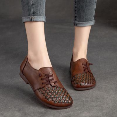 Zapatos planos retro para mujer, mocasines sin cordones de cuero genuino hechos a mano con suela suave, informales, con punta redonda