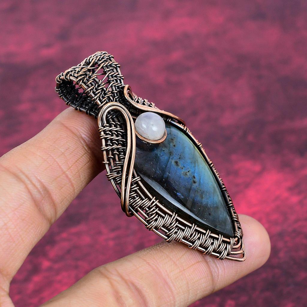 Labradorite Pendant Copper Wire Wrapped Rainbow Moonstone Pendant Gemstone Jewelry