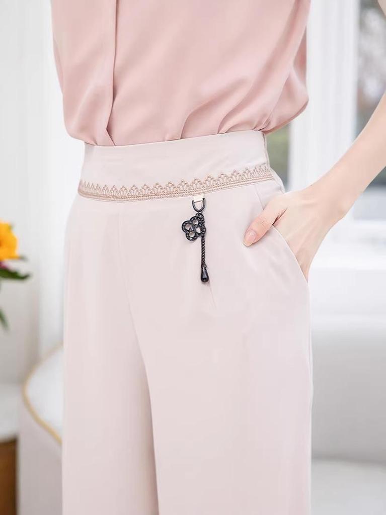 Women's Summer Ice Silk Wide-Leg Pants: Versatile, Slimming Nine-Point Pants for Middle-Aged and Elderly.
