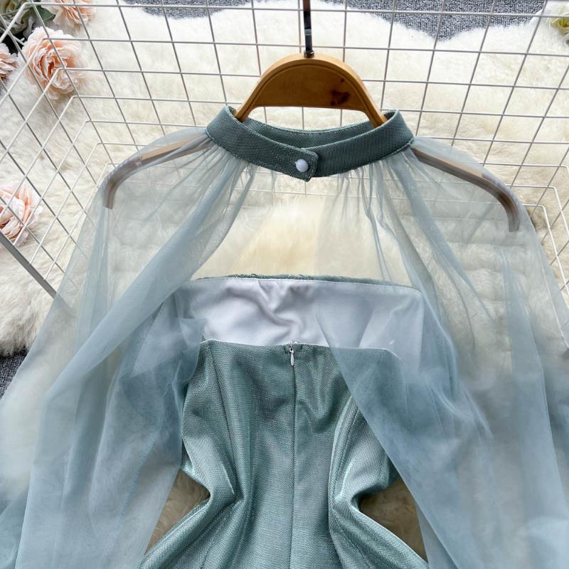 Elegant Sexy High Waist One Piece Dress Women Patchwork Mesh Lantern Long Sleeve Sexy Mini Dress Lady Vacation Slim Chic Party Ceremonial Dress 2024