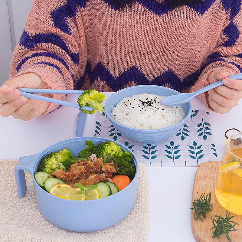Wheat Straw Noodle Bowl Set - 5-Piece: Rice Bowl, Chopsticks, Fork, Spoon. Perfect for Students. Ideal for Instant Noodles. Household Use.