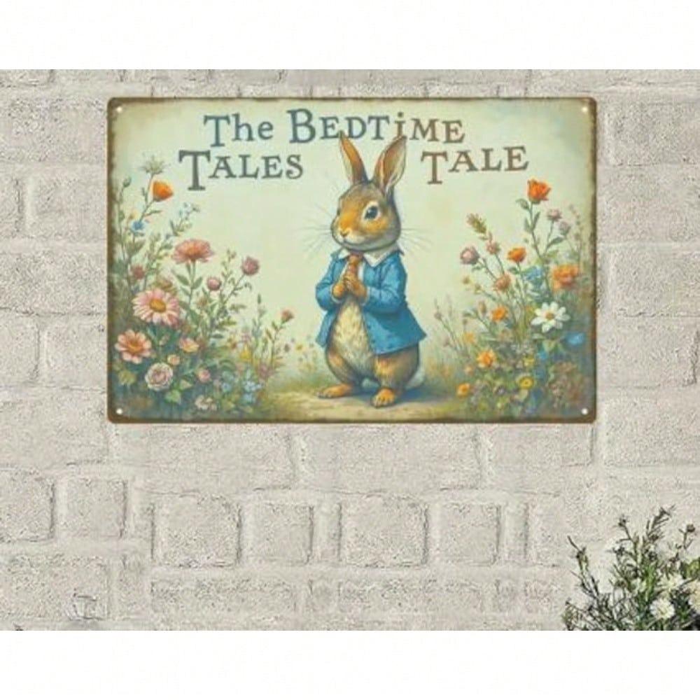 Vintage Rabbit Wall Art Metal Tin Sign Floral Illustration Rustic Home Decor Nursery Bedroom