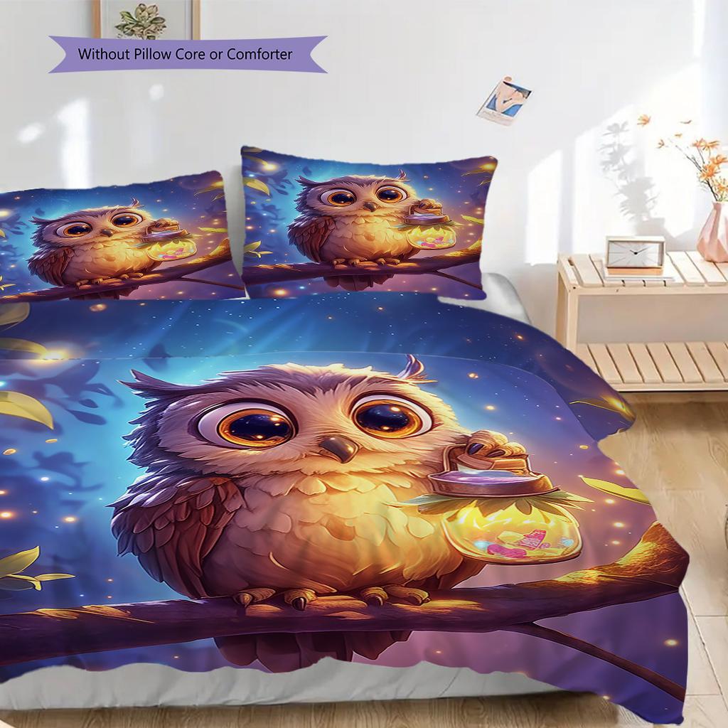 Owl Pattern Bedding Quilt Set Quilt Cover Pillowcase Home Decoration Birthday Gift (1 * duvet cover + 2 * pillowcase, without core)