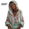Windproof Neck Protection Top Women Tops 3D Flower Decor Hooded Zipper Sweatshirt Long Autumn Winter Warm Sleeve Loose Fit Casual Sporty Outerwear