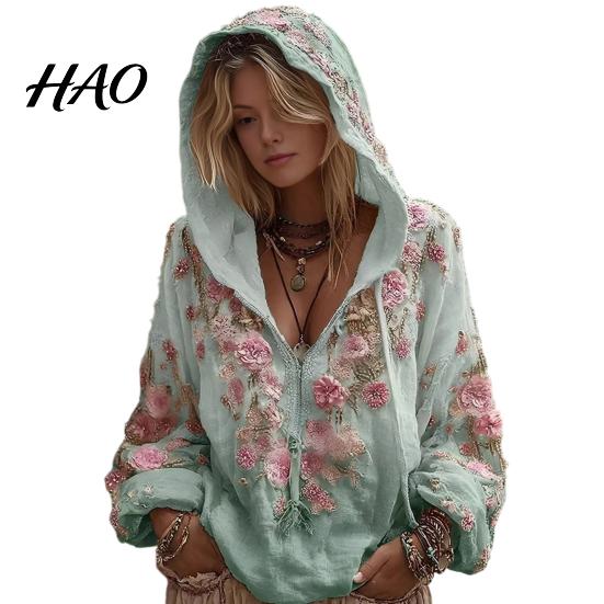 Windproof Neck Protection Top Women Tops 3D Flower Decor Hooded Zipper Sweatshirt Long Autumn Winter Warm Sleeve Loose Fit Casual Sporty Outerwear