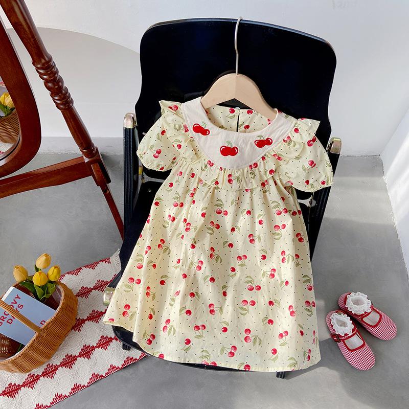 Girls Summer Strawberry Embroidered Ruffle Dress Cute Fruit Print Short Sleeve Skirt For Kids 90cm