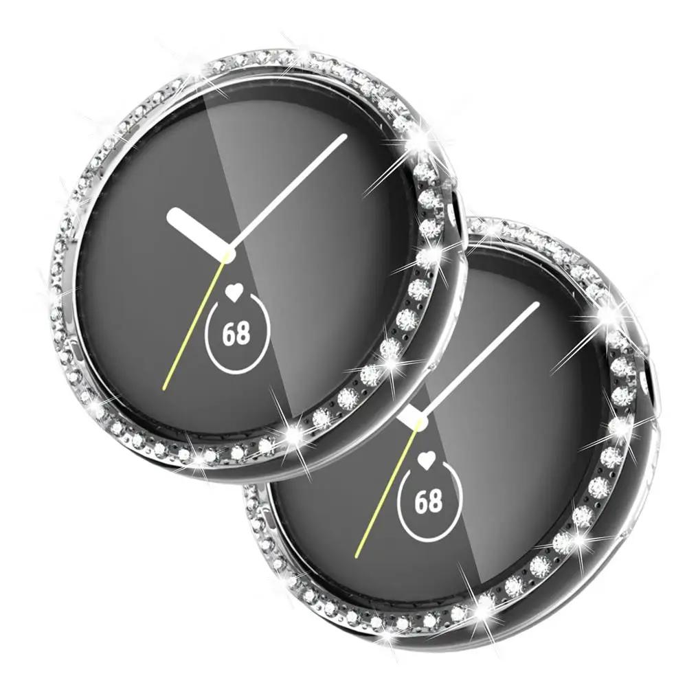 Diamond Case with Temepred Glass for Google Pixel Watch PC Bumper Screen Protector Women Full Bling Cover for Google Pixel Watch Accessories