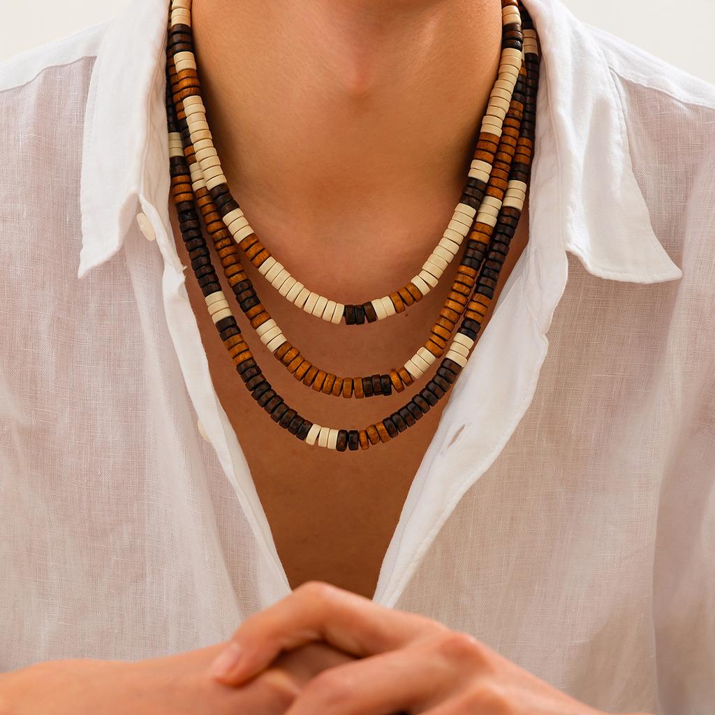 Vintage Wood Bead Splicing Necklace for Men Women Hiphop Punk Personalized Multi-Layer Necklace Jewelry Male Gift Decoration