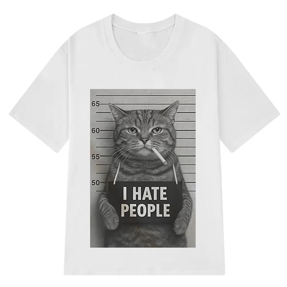 I Hate People Meow Print Tshirt Fun Cat Print T Shirts Loose Street Short Sleeve FemaleMale 100 Cotton Clothing Casual Tshirt