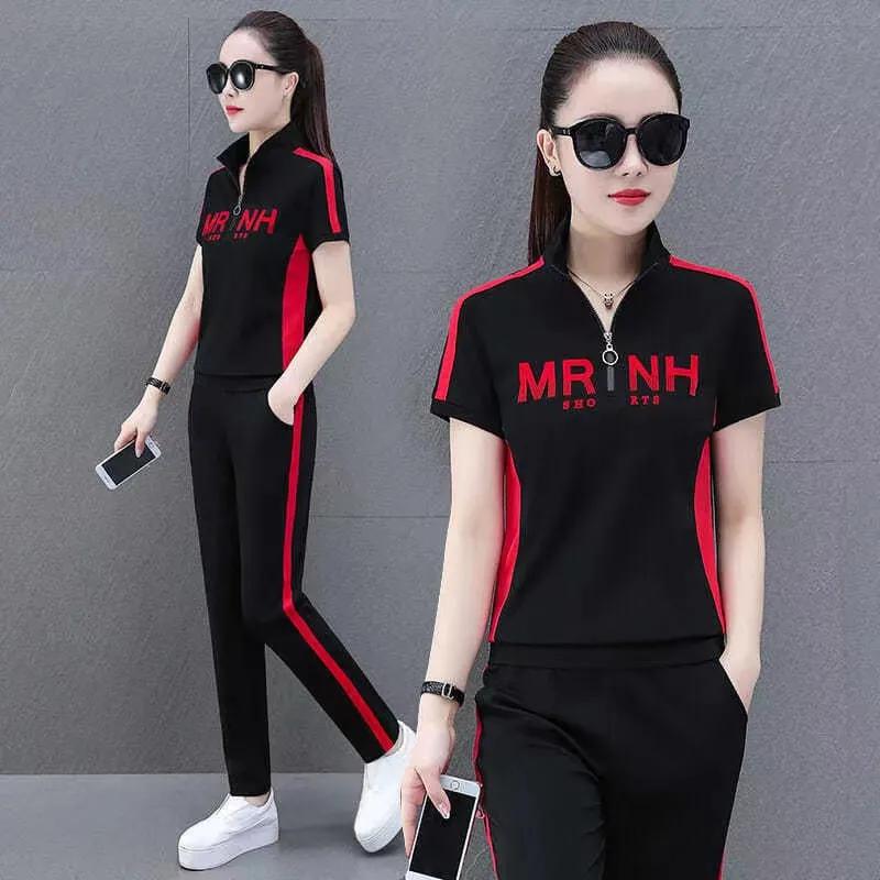 Dames zomer plus size slim fit sportpak met opstaande kraag, korte mouwen, sweatshirt + broek, dagelijkse casual tweedelige set