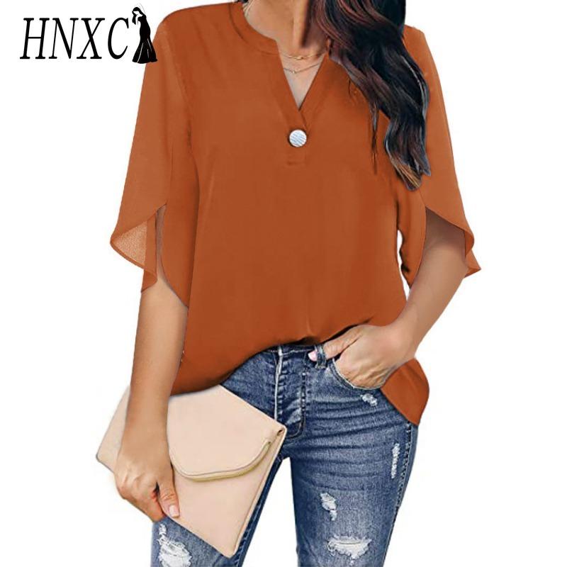 HNXC Women's Fashion Casual Solid Color Print Short Sleeve V Neck Blouses & Shirts