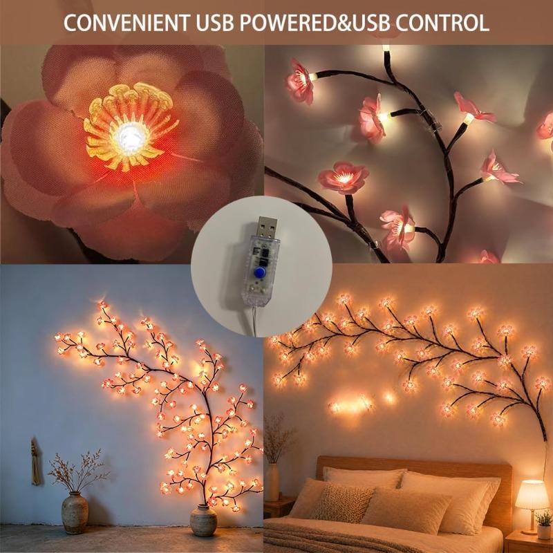 Rosa Pflaumenblüten-Rankenlampe LED-Blütenzweiglicht mit Fernbedienung 8 Modi Girlande für Schlafzimmerwand Innen Hochzeits-Weihnachtsfeier-Dekoration