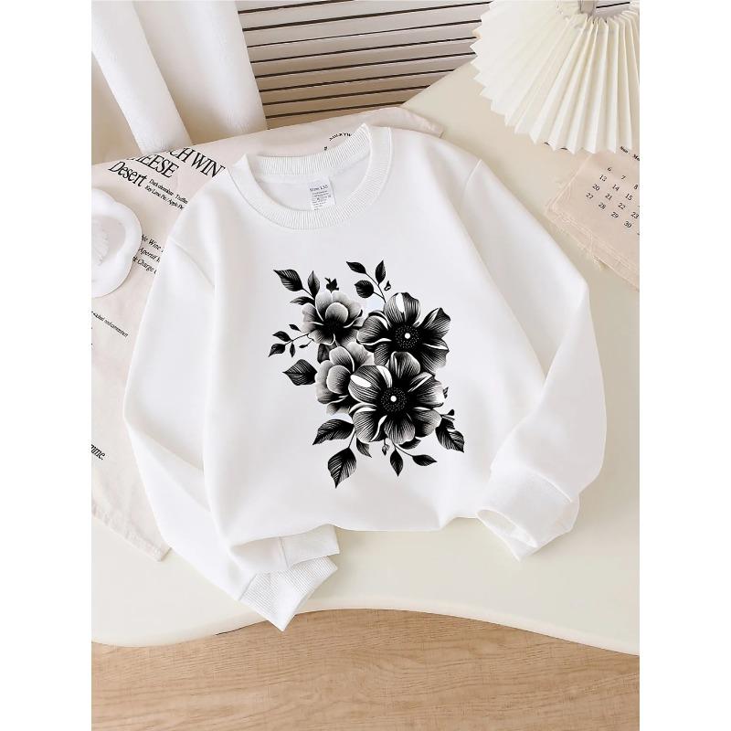 European Sizes Kids' Round-Neck Hoodie | Black and White Floral Pattern, , Sportswear and Casual Wear, Soft and Comfortable, Playful Design