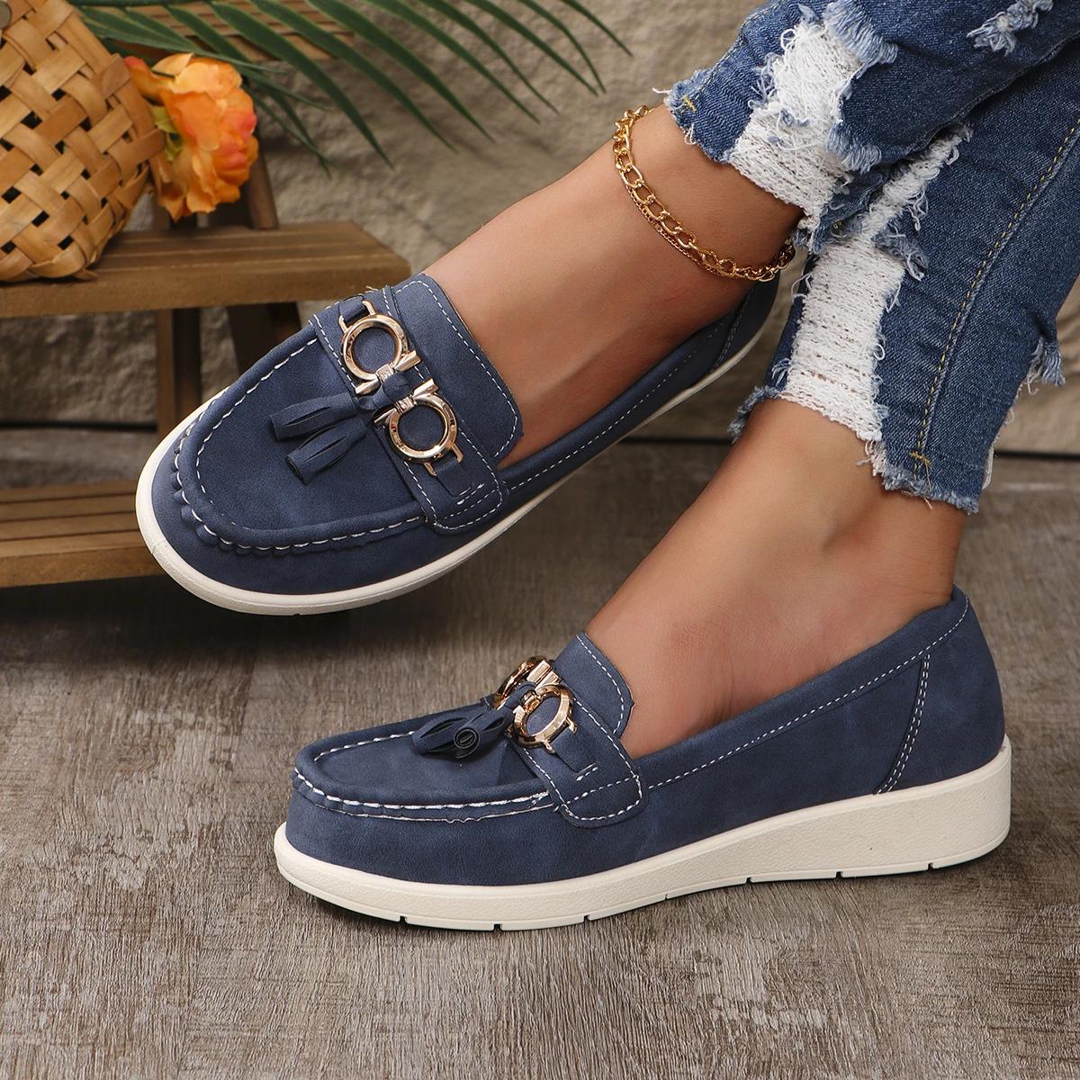 

Женские балетки на плоской подошве с металлической пряжкой из замши, повседневные туфли из искусственной кожи, дышащие мокасины, женская обувь для ботильонов Chaussure Femme 36 синий