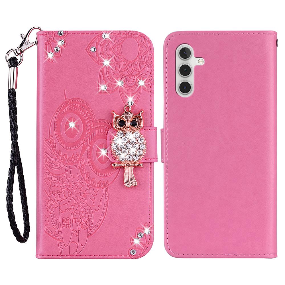 

For Samsung Galaxy S25 FE Wallet Case Owl Flower Imprinted Rhinestone Leather Cover Rose