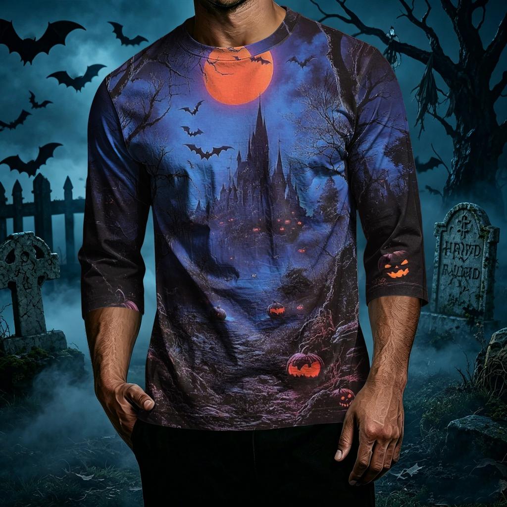 Men's Casual Halloween Print Crew Neck T Shirt Three Quarter Sleeve Regular Fit Top Suitable for Everyday Wear and Seasonal Events