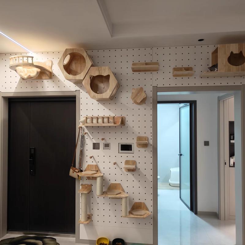 Wall-Mounted Cat Tree Combo Set Crafted from Solid Wood This Wall-mounted Aerial Playground Features a Cat Bed