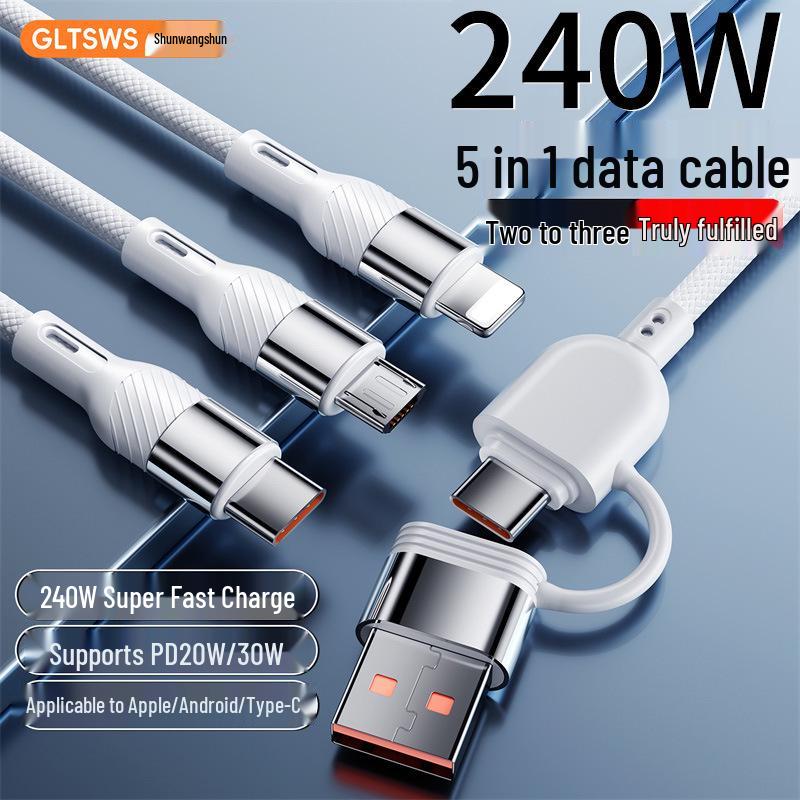 PD240W Multi-Device Super Fast Charging Cable: 3-in-1 for Phones, Tablets, Laptops & 5-in-1 Car Charger White [Five-in-One] 240W Super Fast Charge