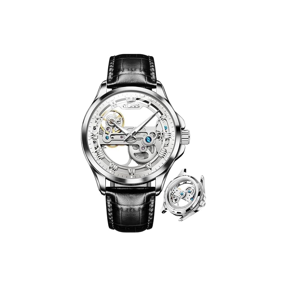 OLEVS Men s Mechanical Automatic Skeleton Watch Clear Leather Strap Waterproof Fashion Timepiece White