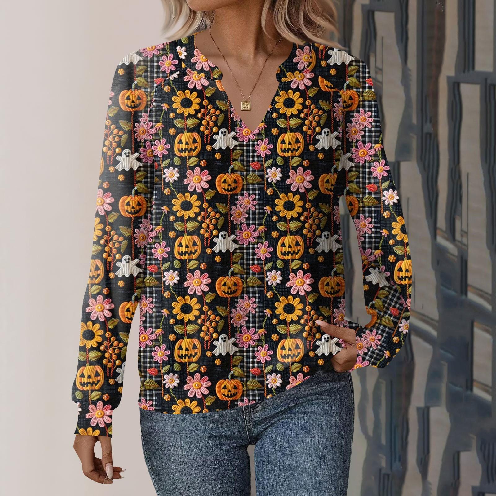 

Женская повседневная толстовка с длинным рукавом и V-образным вырезом, свободный пуловер с принтом на Хэллоуин XL жёлтый