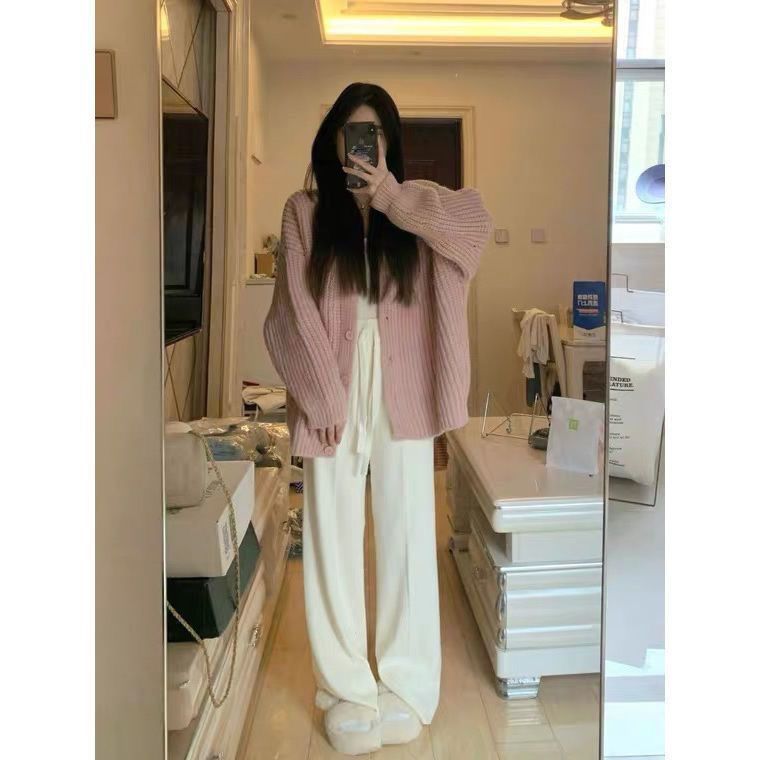 Sweet Pink Knitted Cardigan Sweater Women Korean Long Sleeve V Neck Cardogans Woman Wild Button Up Jumper Coat Female