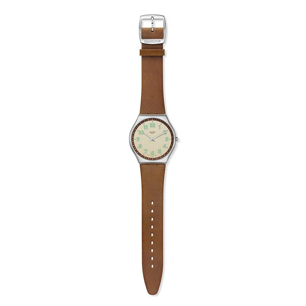 SWATCH SKIN IRONY series quartz movement simple brown tone fashionable luminous watch 43mm beige dial stainless steel case leather strap SS07S135