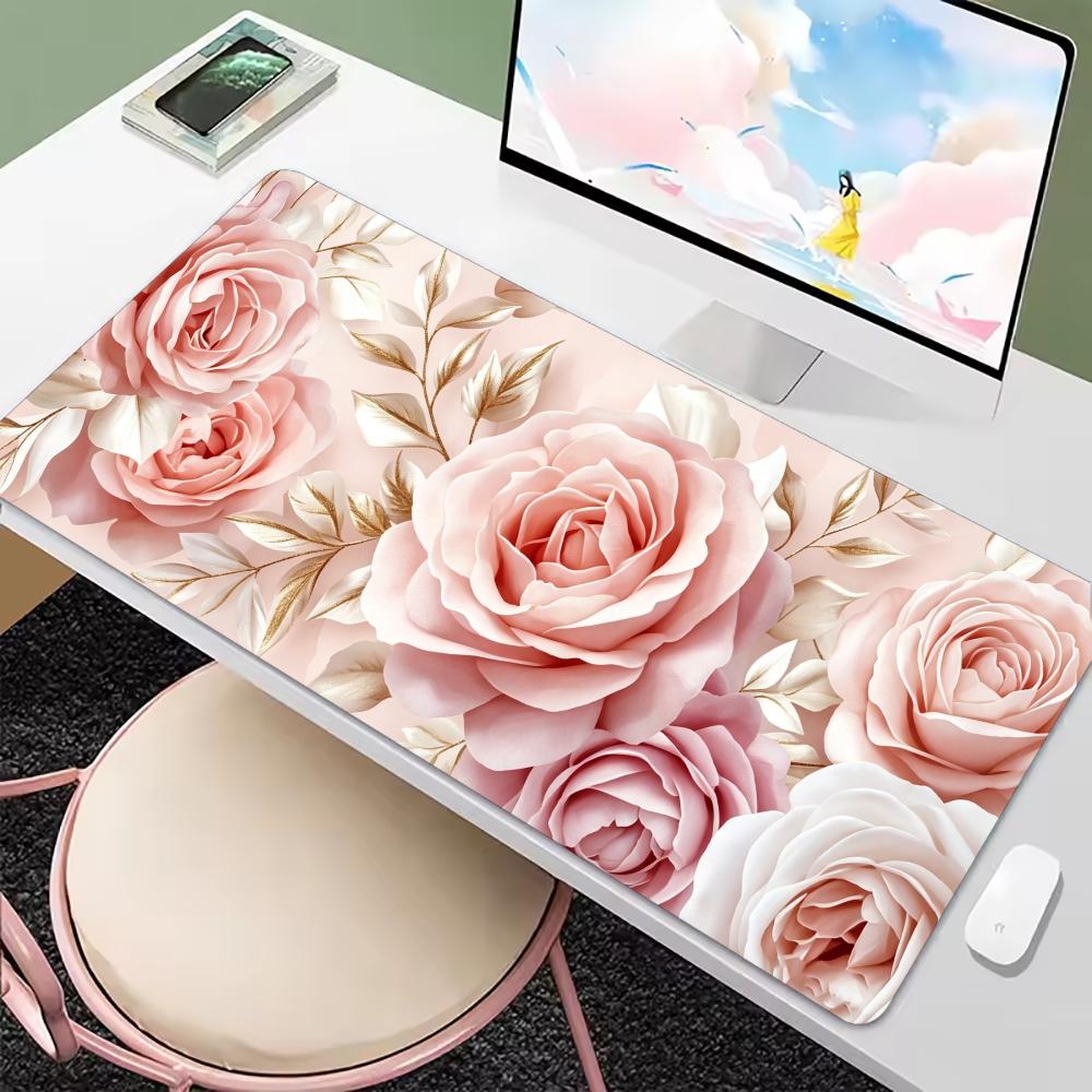 Elegant Soft Pink Rose Floral Art Large Extended Mouse Pad NonSlip Rubber Base With Stitched Edges For Gaming And Office Use