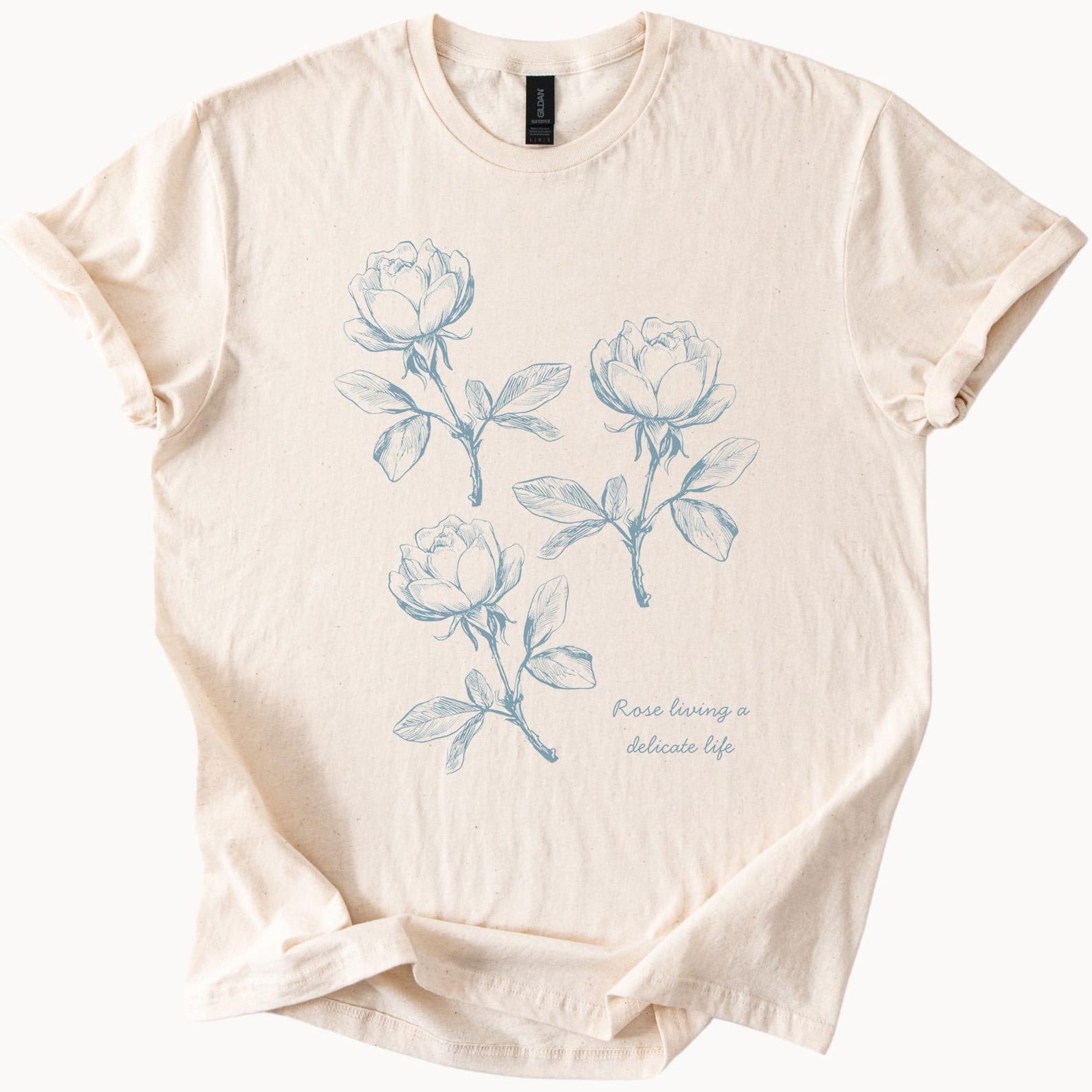 rose flower sketch graphic tee artistic botanical floral illustration t shirt soft cream aesthetic 100