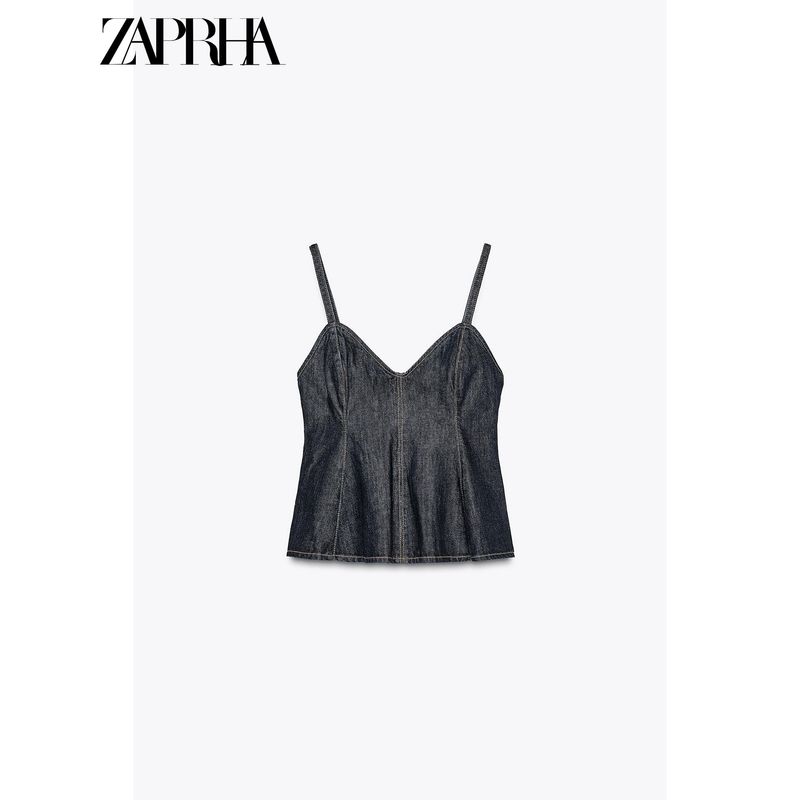Zaprha2025 New Arrival American Sexy Wavy Style Wide Swing V Neck Camisole Denim Tops Ladies 8197064