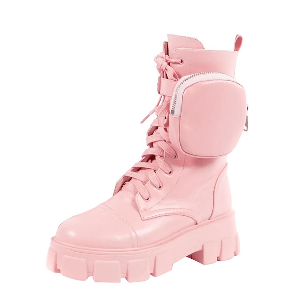 Modische stylische Plateaustiefel mit kleiner Tasche Damen Schnürstiefel mit runder Spitze für den Herbst